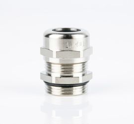 A silver brass Jacob cable gland, with Pg thread, on a white background.