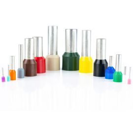 Fourteen insulated, singular bootlace ferrules, in multiple colors, on a white background.