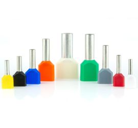 Nine insulated bootlace ferrules, twin, in multiple colors, on a white background.