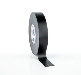 A roll of black self amalgamating tape, 10 meters, with a part of it rolled off and attached to the surface, on a white background.