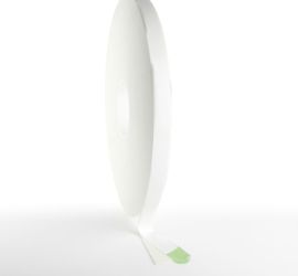 A roll of white double sided foam tape, with the end of the tape loose and enlarged, on a white background.