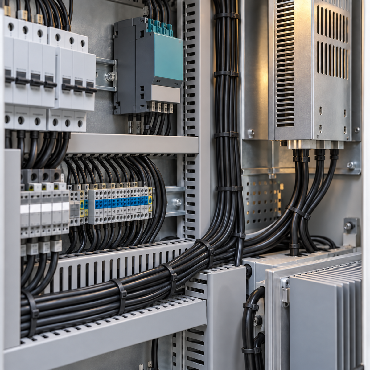Uporządkowane prowadzenie kabli wewnątrz szafy elektrycznej